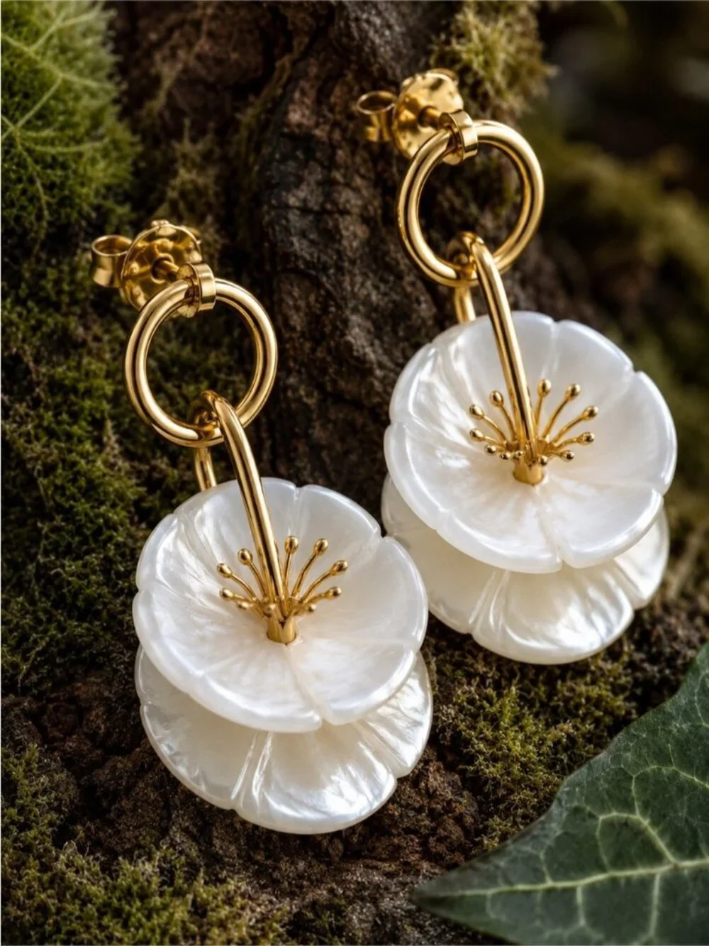 Gold and White Floral Drop Earrings
